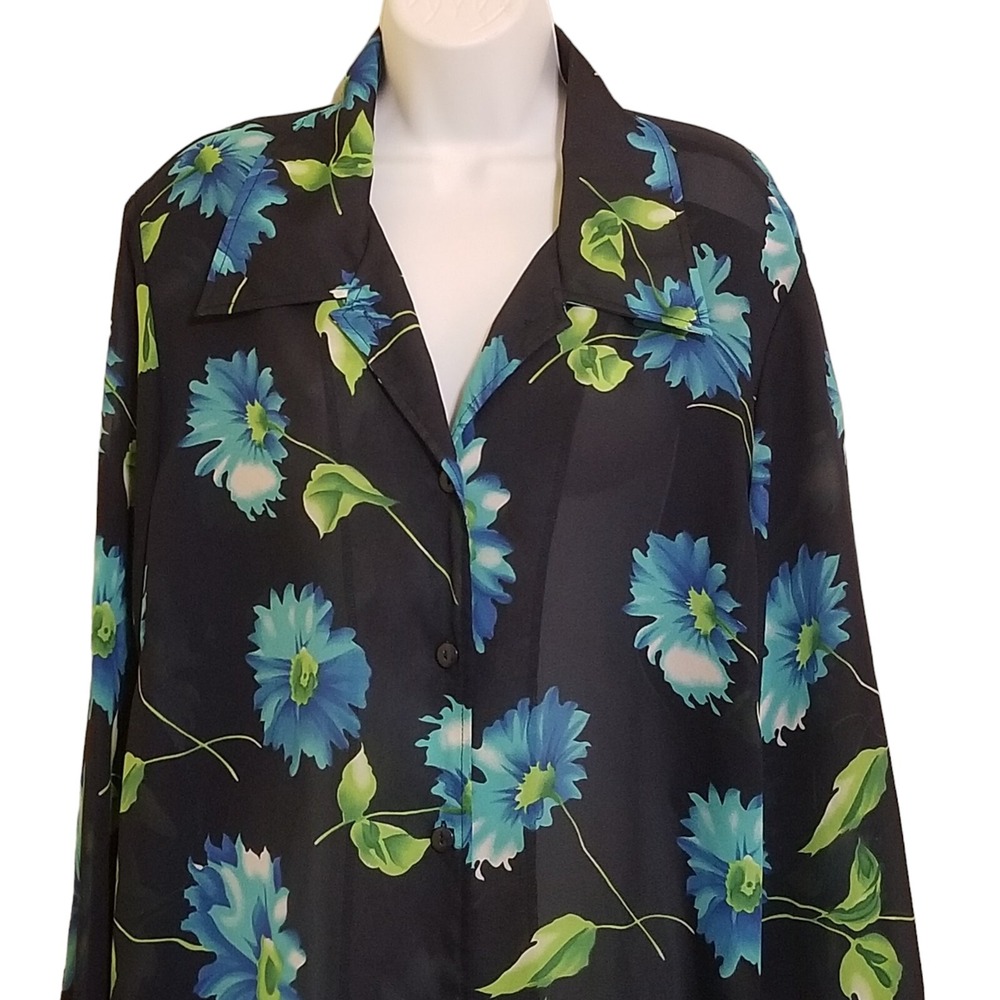 Vintage Womens Top Blouse Size 2X Blue Floral Long Sleeve Polyester Button Up